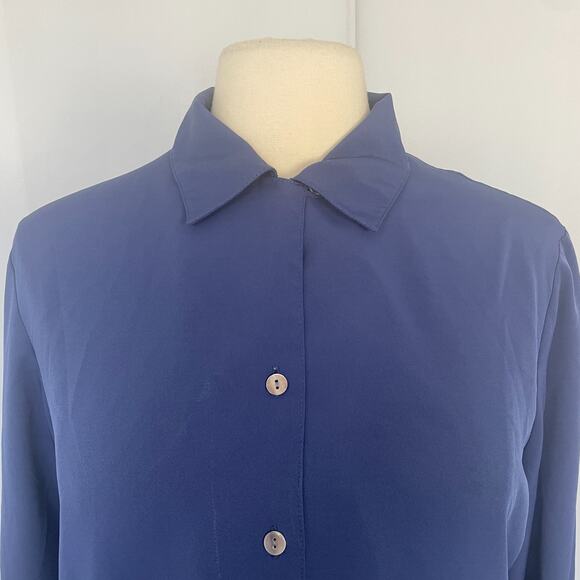 Vintage Blouse Top Size Small Blue Solid Long Sleeve Button Minimalist Office - Picture 3 of 13